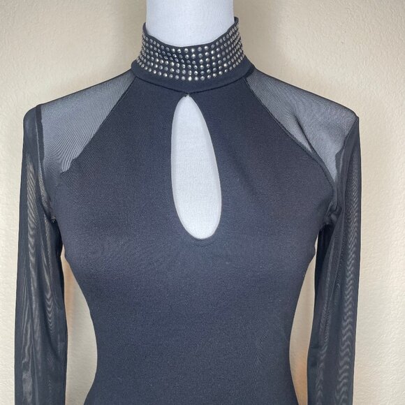 Windsor Black Studded Mesh Keyhole Bodycon Mini Dress Sz Med Going Out Feminine - Picture 2 of 11